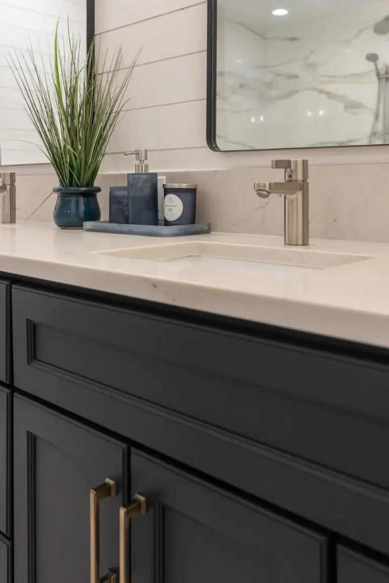 Vanity detail with dark cabinet, white quartz top, brushed nickel faucet, and shiplap backdrop