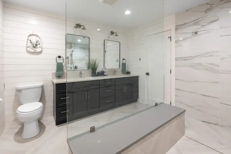 Primary bath with navy vanity, twin black-framed mirrors, shiplap walls, and glass-partitioned shower