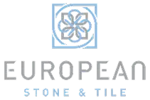 European Stone and Tile stacked logo with blue geometric tile emblem