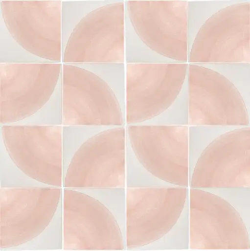 Pink and white quarter-circle patterned tiles arranged in a geometric layout
