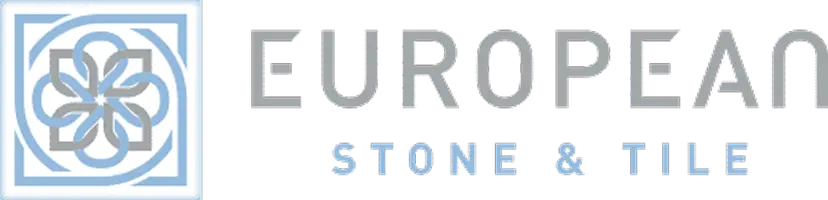 European Stone and Tile horizontal logo with blue geometric tile emblem